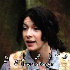 Actor Caitriona Balfe as Claire Fraser in drag singing 